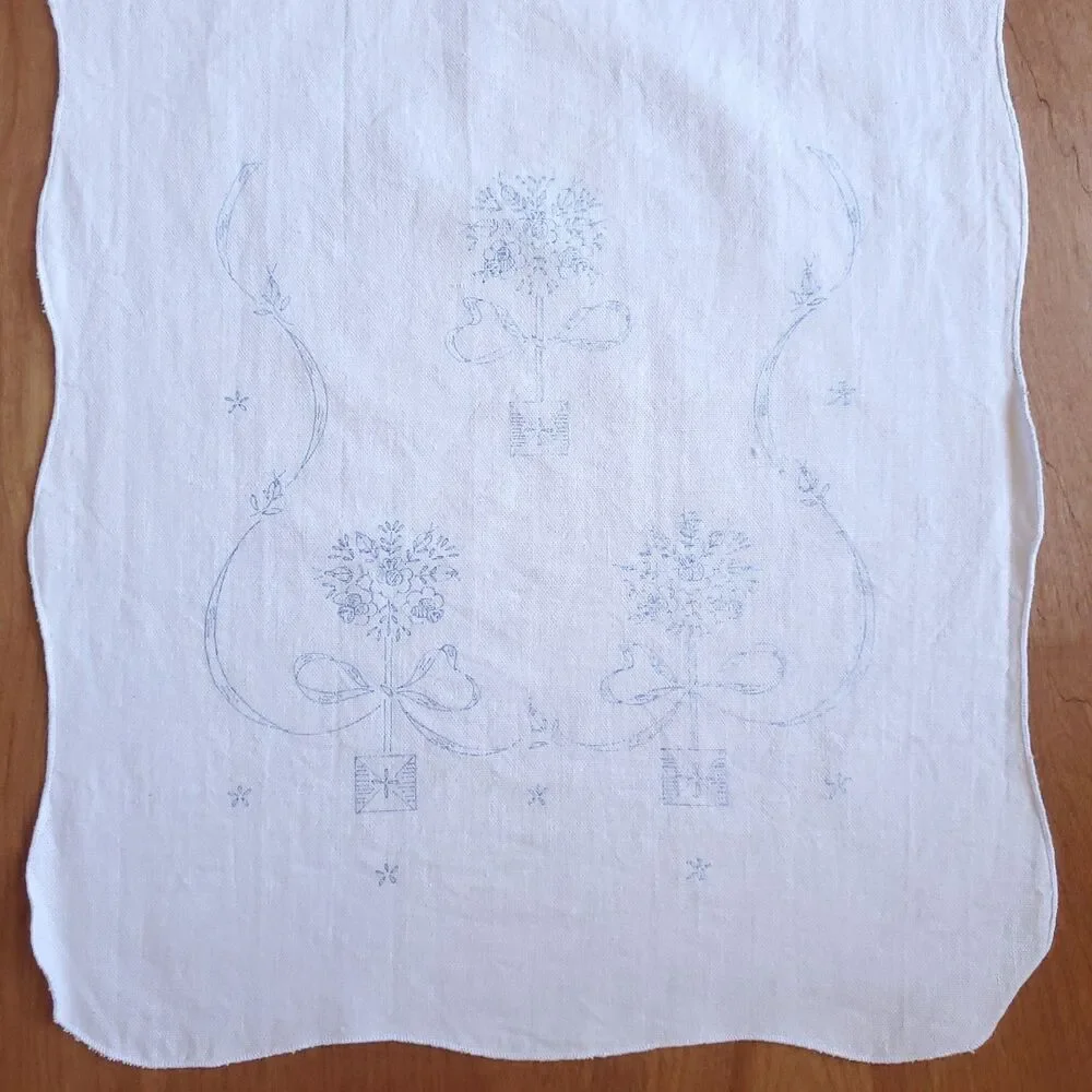 White Table Runner Stamped For Embroidery 38 x 14 Flower Bow Cottagecore Grandma
